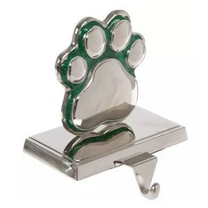Silver Tone Green Glitter Dog Paw Metal Base Christmas Stocking Holder
